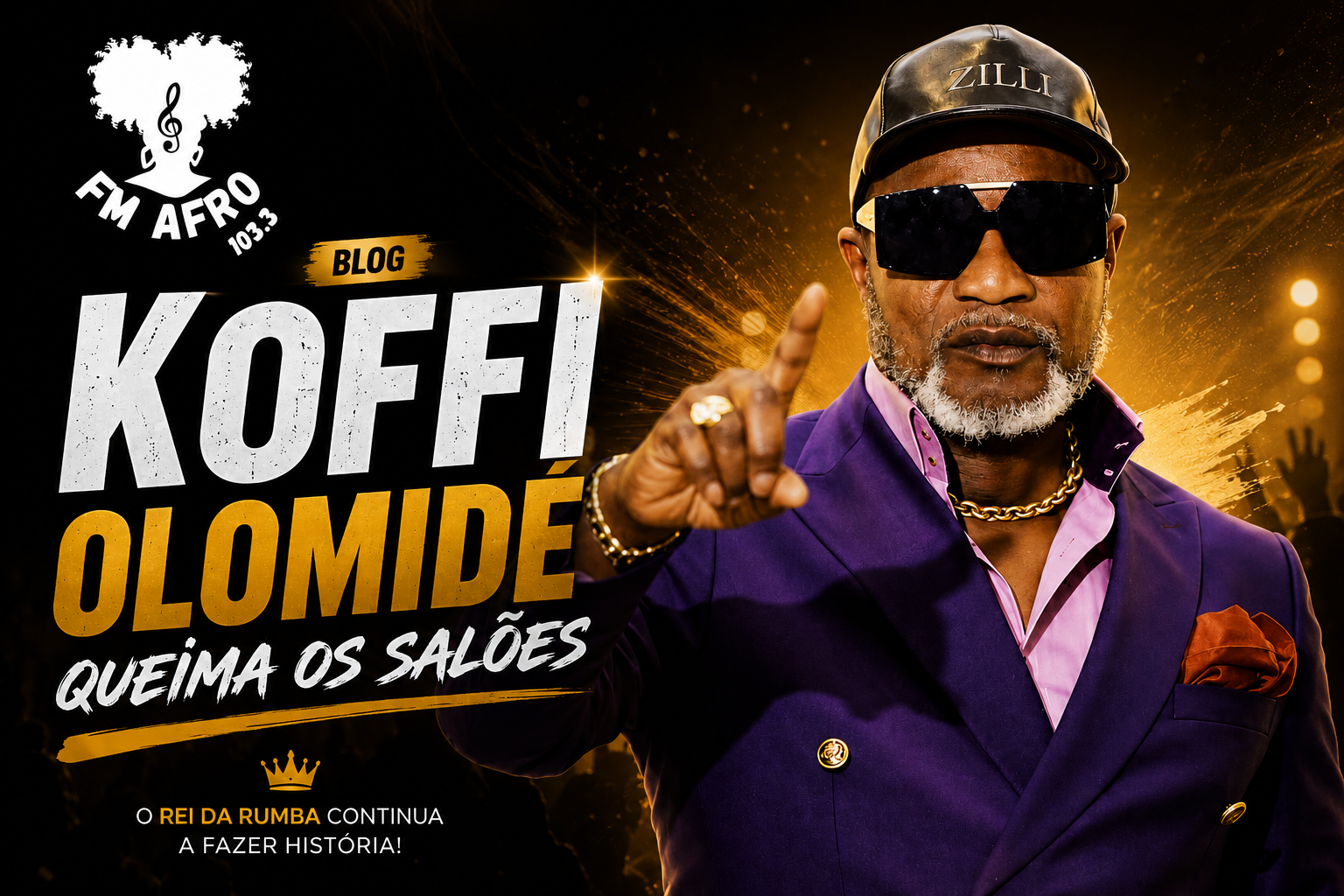 Koffi Olomidé em destaque na capa do blog da FM Afro sobre o sucesso da música Roi Baudoin